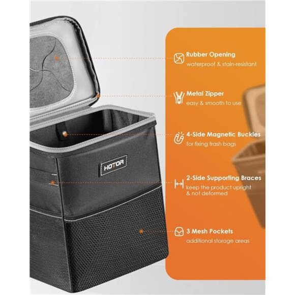 Car Trash Can with Lid and Storage Pockets - 100% Leak-Proof Organizer - Picture 3 of 7